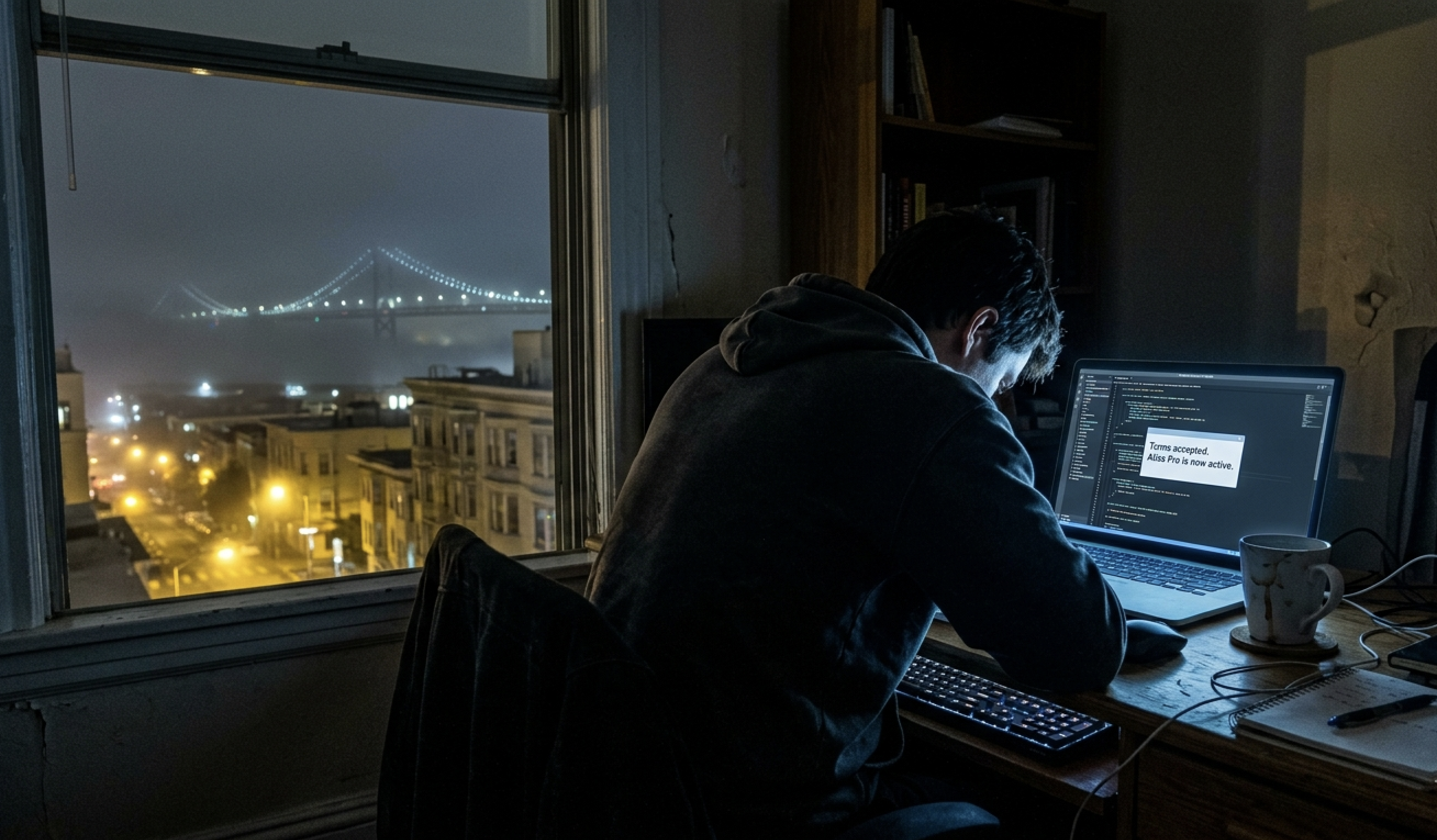 Developer hunched at desk at 3am, Bay Bridge glowing through the window in fog, monitor showing 'Terms accepted. Atlas Pro is now active.'